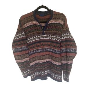 VTG ETCHINGS Fair Isle Knit Henley Sweater Mens Size M Long Sleeve Grandpa Aztec
